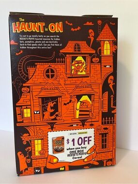 Halloween Reese’s Puffs Bats cereal box. Empty 2023 haunted house box